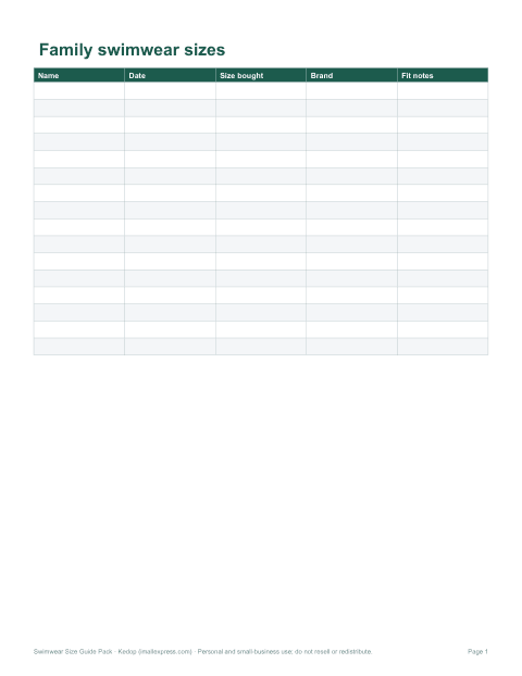 Preview of the first page of Size record (XLSX)